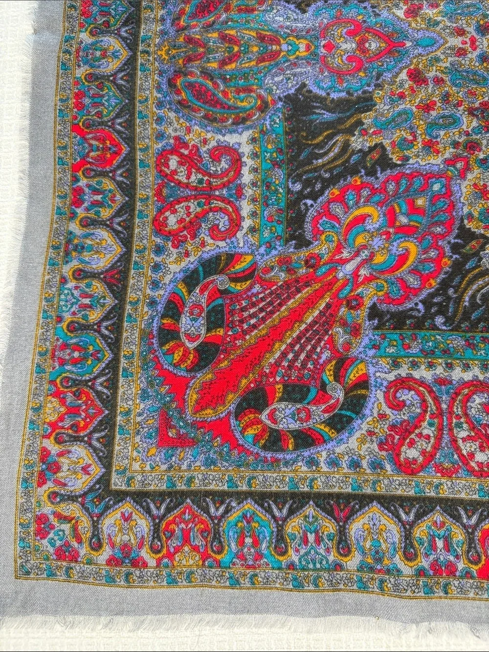 Square gray scarf with colorful paisley traditional print